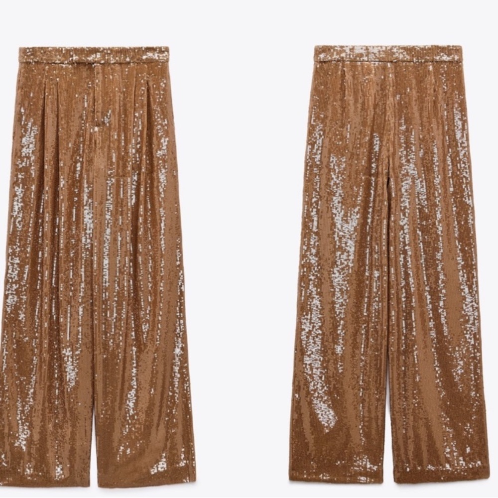 ZARA Copper Brown Sequin Pleated Wide Leg Pants - Picture 3 of 15
